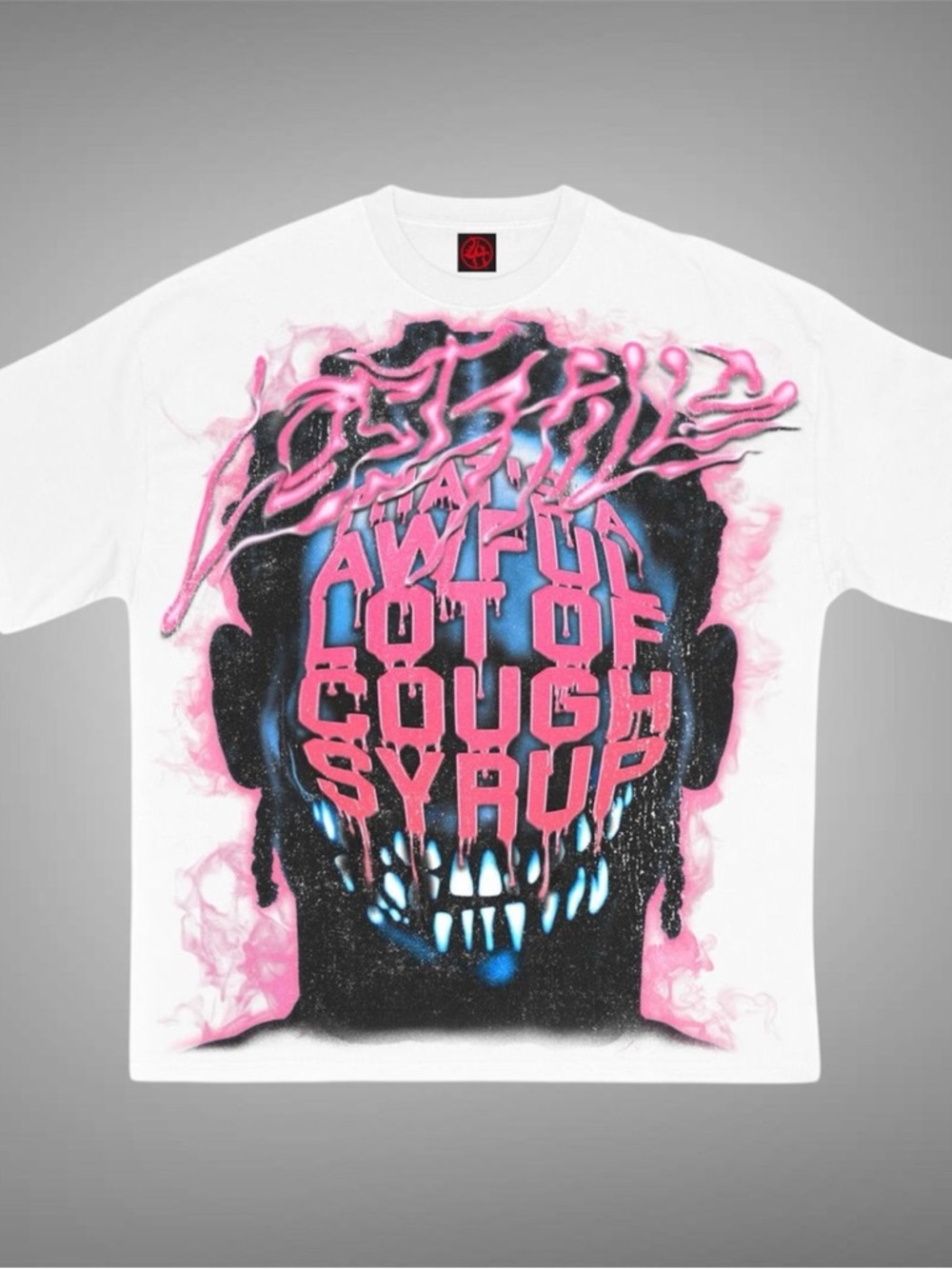 Lost Hills x Cough Syrup Graphic White Tee with Pink & Blue Horror Skull Design
